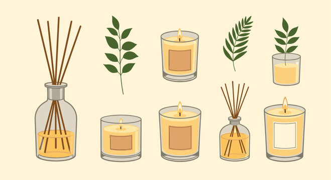 A collection of aromatic candles, diffusers, and green leaves for home decor and relaxation.