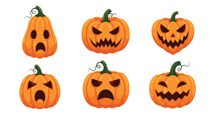 Set of six spooky Halloween pumpkins with various carved faces, isolated on a white background, perfect for holiday designs.