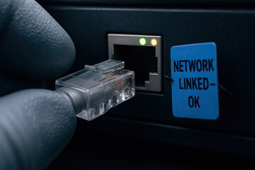 Network cable plug ethernet jack network linked ok network connection status light hand wearing glove
