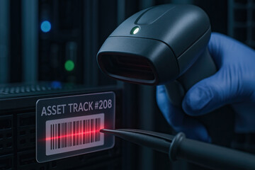 Asset tracking barcode scanner scanning equipment label on server rack with gloved hand detecting inventory in dark data center environment, focused efficient maintenance and inventory control