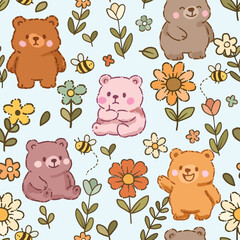 Cute little bear and bee are happy in the flower garden seamless pattern