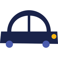 Simple Dark Blue Car Icon with Yellow Headlight and Blue Wheels on a Transparent Background