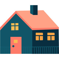 Simple Flat Design Illustration of a Teal Blue House with a Coral Pink Roof and Yellow Square Windows Featuring a Dark Blue Chimney on a Transparent Background