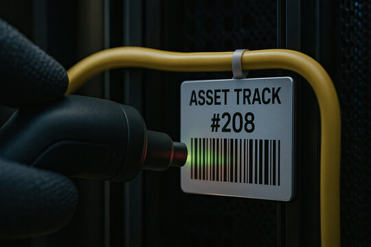 Asset track barcode scanner reading asset tag on server rack with gloved hand, industrial inventory management and warehouse tracking - Powered by Adobe