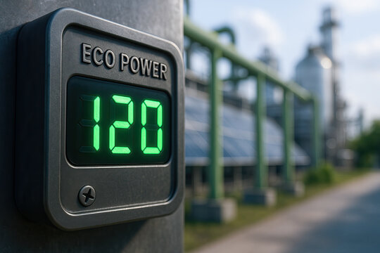 Eco power display on metal meter near solar panel array and industrial piping conveying sustainable energy and green infrastructure in outdoor facility
