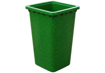Isolated green plastic trash can square shaped, with little yellow dots, no shadows