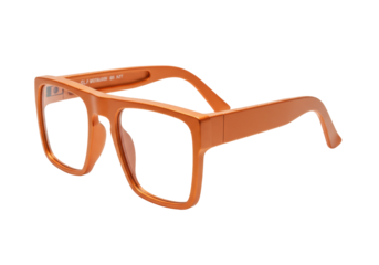 Isolated pair of orange eyeglasses with square rims, fashion eye wear for improved vision
