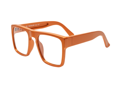 Isolated pair of orange eyeglasses with square rims, fashion eye wear for improved vision