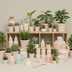 Fototapeta premium Collection of various potted plants and home decor items displayed on shelving units and surfaces
