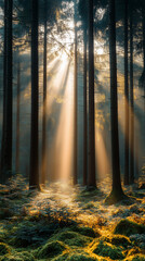 Obraz premium Dramatic sun rays stream down through the dense forest, illuminating the ground covered in vibrant green moss and mist.