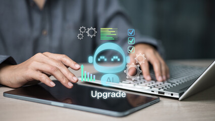 AI Software Upgrade with Robot Hologram, Gears and Checklist on Laptop