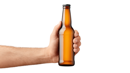 Hand holding a classic amber beer bottle with a shiny cap, ideal for hospitality and beverage promotions, showcasing refreshing drinks and casual moments