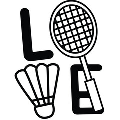 a vector of badminton typography in black and white coloring