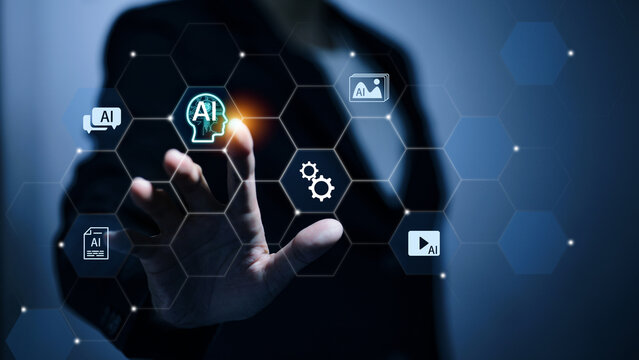 Artificial Intelligence Hexagon Interface with Businessman Touching Icons - Powered by Adobe