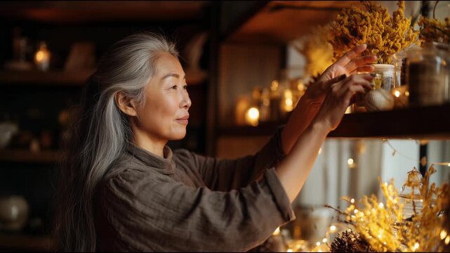 An Asian woman in her 50s with long gray hair, dressed in modest house clothes, decorating wooden shelves in a cozy living room for Christmas.
