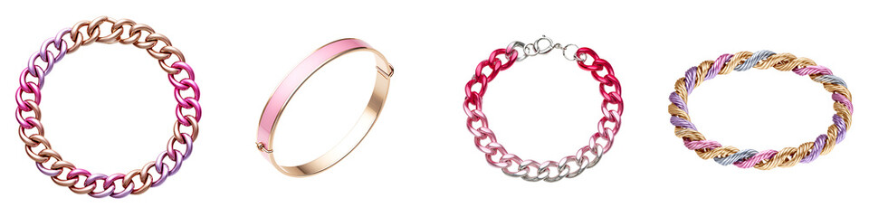 Naklejka premium Vibrant, elegant jewelry showcasing intricate designs, featuring a range of colorful bangles, chains, and artistic bracelets for fashion enthusiasts and accessory lovers.
