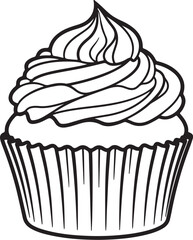 Black and white illustration of a frosted cupcake in a striped wrapper dessert sweet on transparent background