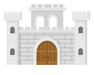 Fototapeta premium Medieval Castle Wall with Wooden Door and Stone Turrets Illustration