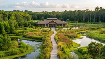 wildlife rescue center A serene landscape featuring a wooden path leading to a building surrounded by lush greenery and water.