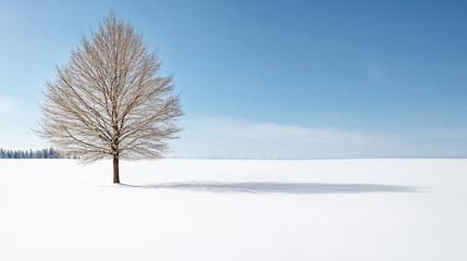 Obraz premium Solitary tree stands vast white snowfield clear blue sky, evoking sense of tranquility and peace