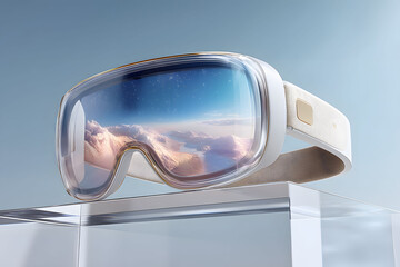 Futuristic Virtual Reality Headset with Scenic Landscape Reflection for Technology and Gaming