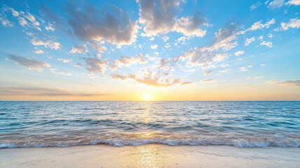 Obraz premium Sunset over calm ocean waves, with vibrant clouds reflecting warm hues