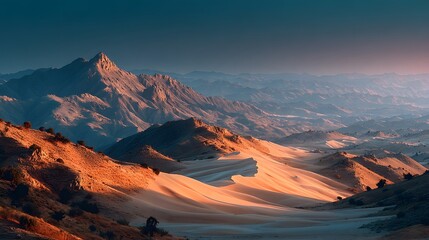 Mountainous landscape with a prominent peak under a clear sky during golden hour lighting