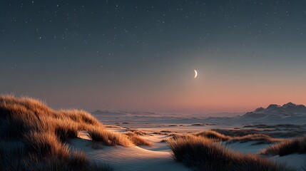 Tranquil dunes landscape under a starry sky with a crescent moon at dusk in soft pastel colors