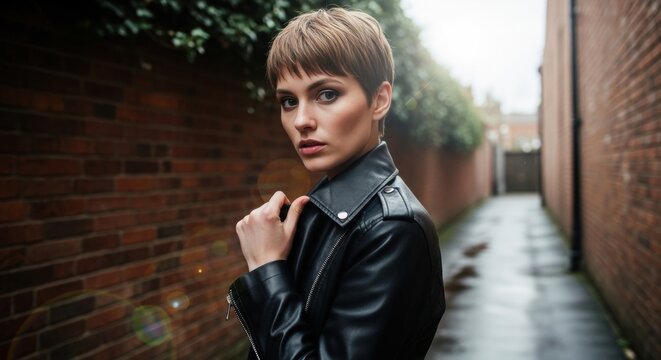 images of pixie cut hairstyle - A woman with short hair and striking features poses in a narrow, wet alley lined with brick walls, wearing a black leather jacket that adds an edgy vibe