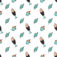 Pattern with a turquoise cocktail and leaves