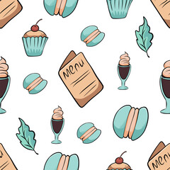 Pattern with a turquoise cocktail, menu, macaron, and leaves