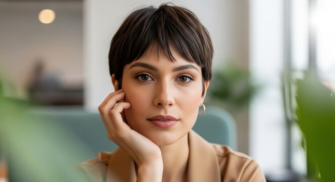 images of pixie cut hairstyle - A thoughtful young woman with short hair sits in a bright, modern space surrounded by greenery, exuding calm and contemplation while gazing intently
