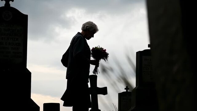 mujer anciana caminando entre l&aacute;pidas en cementerio