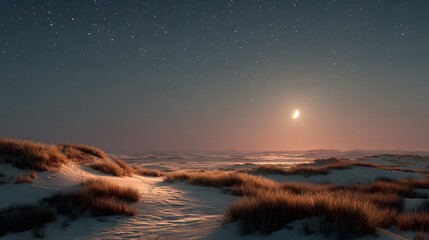 Night landscape with dunes and sparse vegetation under a starry sky with a half moon shining
