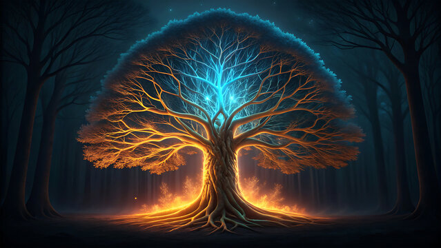 Enchanted tree of light and fire in dark forest