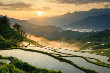Sunrise over rice terraces mountain landscape nature photography serene environment wide angle view tranquil concept