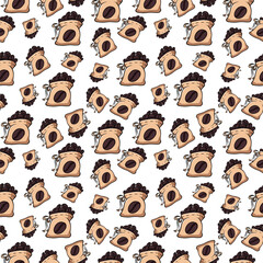 Pattern with brown coffee bags and beans