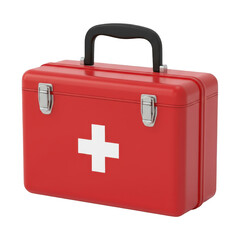 Obraz premium Classic bright red medical first aid kit with white cross symbol for emergency preparedness and safety transparent background
