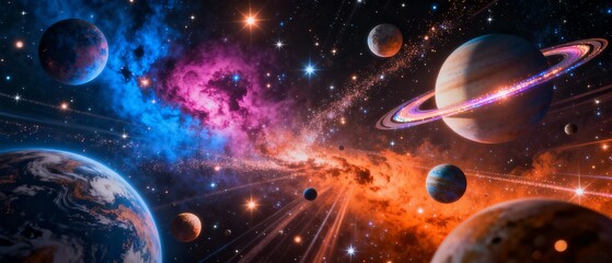 Colorful Cosmic Space Scene, Planets and Nebula, Vibrant Galaxy and Stars, Deep Universe Fantasy Art