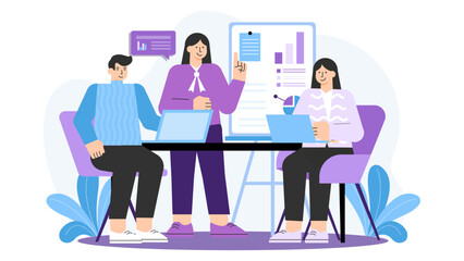Office Team Working on New Project Flat Vector Illustration