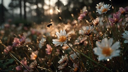 A bee flies near white and pink flowers covered in water droplets in a field at golden hour