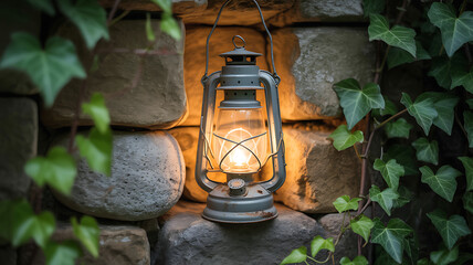 Vintage lantern glows warmly against a rustic stone wall surrounded by lush green ivy