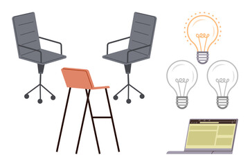 Office chairs and a stool symbolize teamwork. Light bulbs represent ideas and creativity. Laptop indicates digital work. Ideal for collaboration, brainstorming, innovation, startup, teamwork