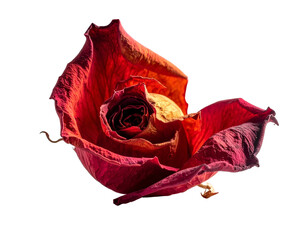 Close-up of a vibrant red rose, its petals partially dried, against a black backdrop
