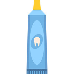 Blue tube of toothpaste with yellow cap and a white tooth icon on a transparent background flat icon for dental hygiene and oral care products