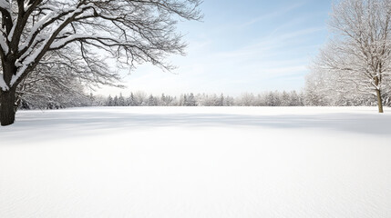 Naklejka premium Snow covered field under pale morning sky evokes peaceful atmosphere