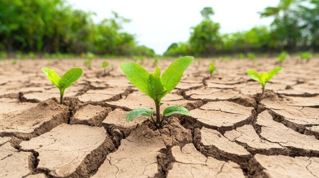 Green Seedlings Growing from Cracked Dry Earth in Parched Landscape Under Bright Sky