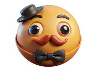 Naklejka premium Funny gentleman emoticon with mustache, bow tie, and hat isolated on transparent background, a charming character