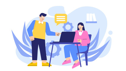 Office Team Working on New Project Flat Vector Illustration