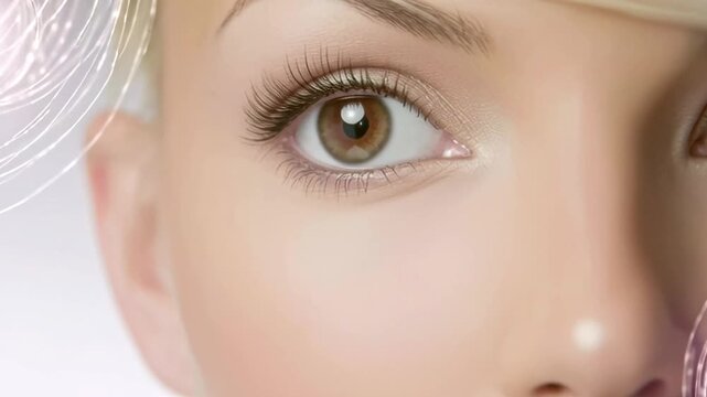Extreme close up of a woman's brown eye with perfect eyebrows and long eyelashes blinking slowly. Animation highlighting skincare benefits